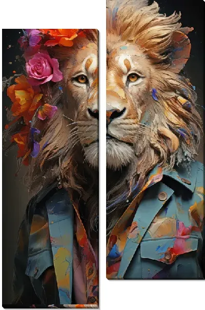 Модульная картина Лев с цветами на голове