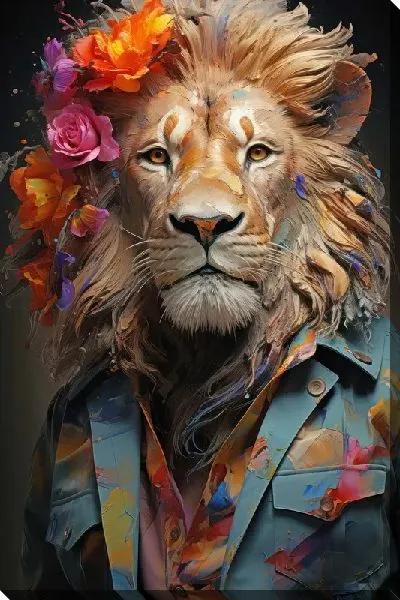 Постер Лев с цветами на голове