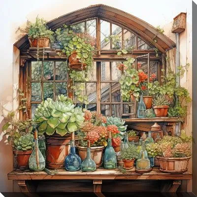 Картина маслом Растения на столе у окна