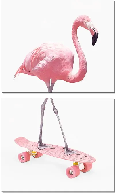 Модульная картина Розовый фламинго на скейте