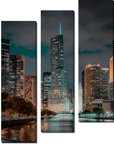 Модульная картина Ночной вид на реку и небоскребы Чикаго