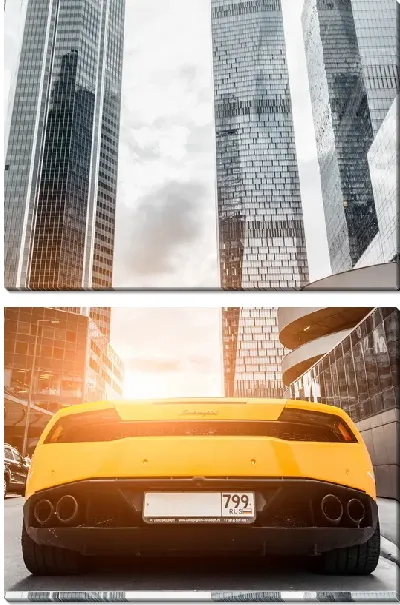 Модульная картина Ламборгини на фоне небоскребов