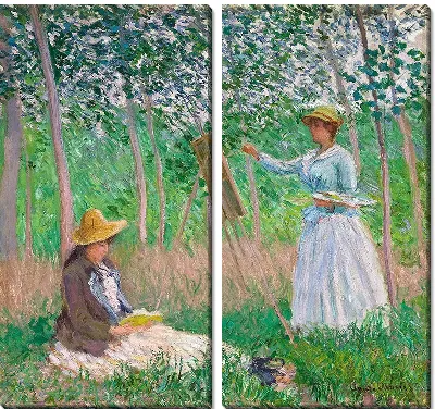 Картина В лесу в Живерни. Бланш Ошеде за мольбертом с Сюзанной Ошеде за чтением
