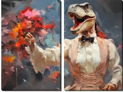 Модульная картина Динозавр в платье с цветами