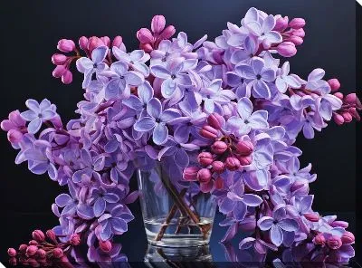 Картина маслом Сирень в стакане на темном фоне