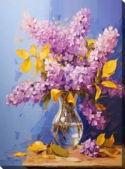 Картина маслом Букет сирени с желтыми листьями