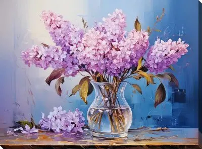 Картина маслом Букет сирени в вазе на голубом фоне