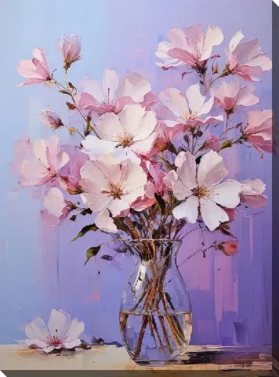 Картина маслом Весенние сиреневые цветы в прозрачной вазе