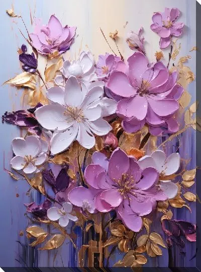 Картина маслом Весенний букет с золотыми листьями