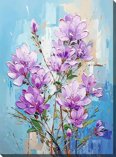 Картина маслом Сиреневая магнолия на голубом фоне