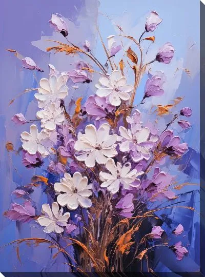 Картина маслом Букет с белыми цветами на голубом фоне