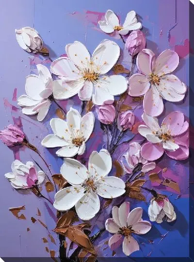 Картина маслом Объёмные цветы на синем фоне