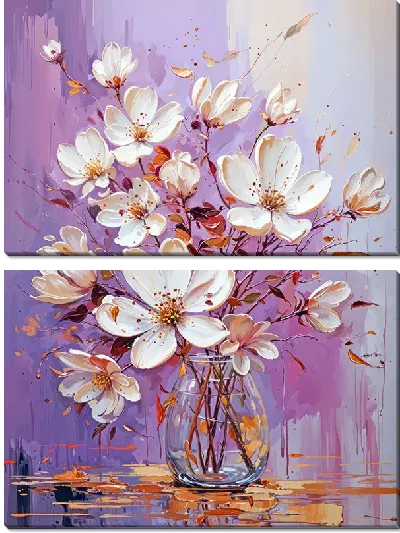 Модульная картина Белые цветы в вазе на сиреневом фоне