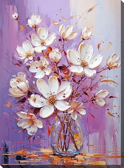 Картина маслом Белые цветы в вазе на сиреневом фоне