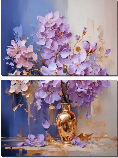 Модульная картина Сиреневые цветы в золотой вазе