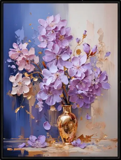 Картина Сиреневые цветы в золотой вазе