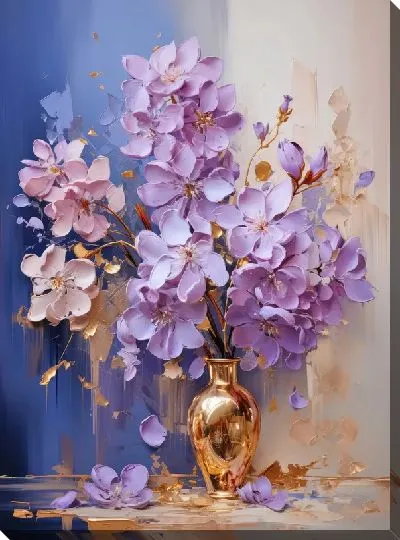 Постер Сиреневые цветы в золотой вазе