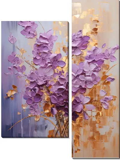 Модульная картина Сиреневые цветы на фактурном золотом фоне