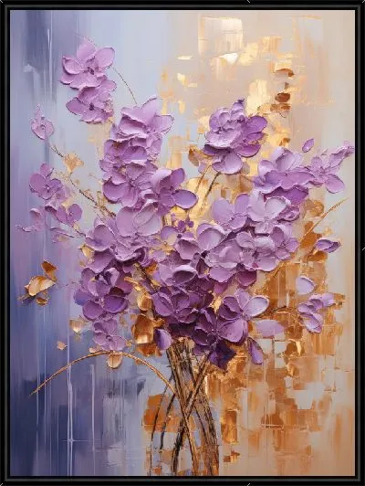 Картина Сиреневые цветы на фактурном золотом фоне