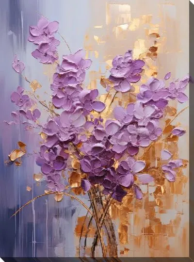 Постер Сиреневые цветы на фактурном золотом фоне