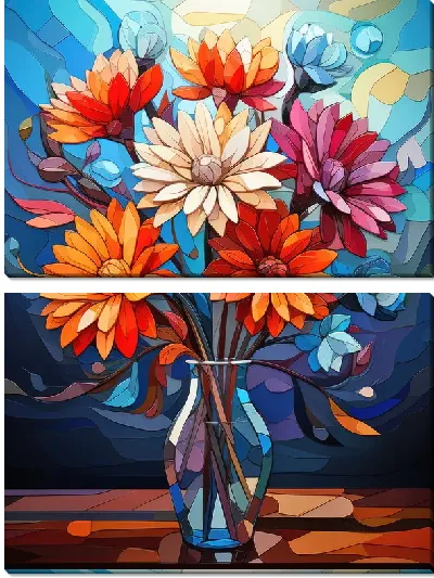 Модульная картина Натюрморт с астрами в стиле кубизм