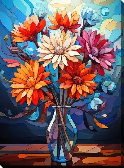 Картина маслом Натюрморт с астрами в стиле кубизм