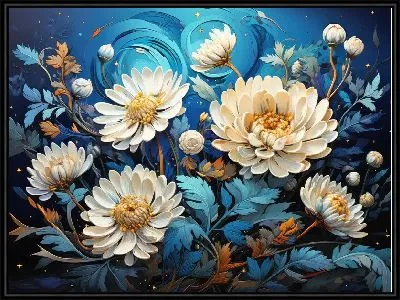 Картина Белые астры на синем фоне