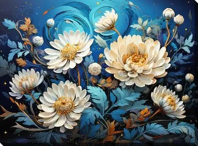 Белые астры на синем фоне