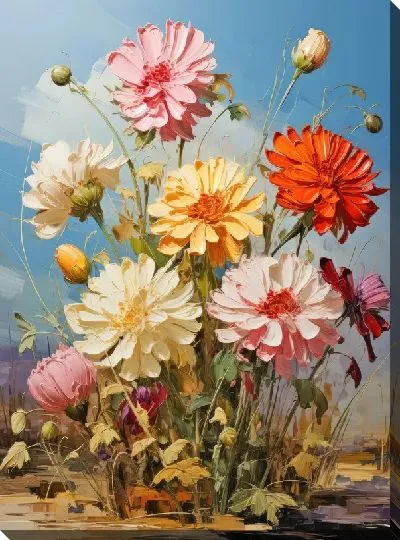 Картина маслом Астры разного цвета