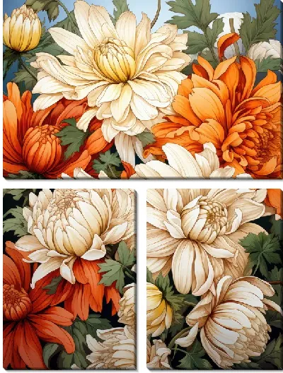 Модульная картина Белые и оранжевые астры в стиле винтаж