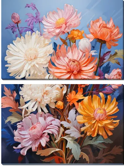 Модульная картина Разноцветные астры на голубом фоне