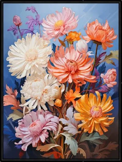 Картина Разноцветные астры на голубом фоне