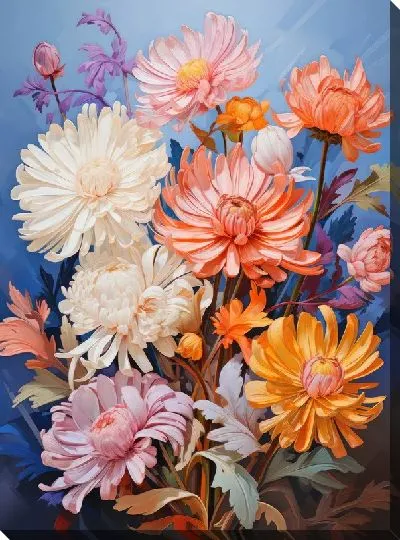 Постер Разноцветные астры на голубом фоне