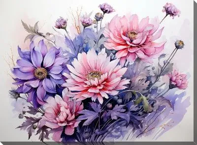 Картина маслом Астры в стиле акварель №14
