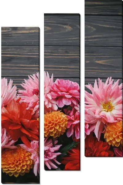 Модульная картина Разноцветные астры на фоне досок