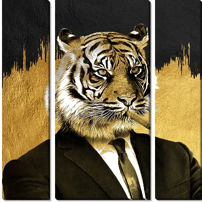 Тигр с сигарой и костюмом на золотом фоне