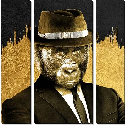 Модульная картина Обезьяна в шляпе на золотом фоне