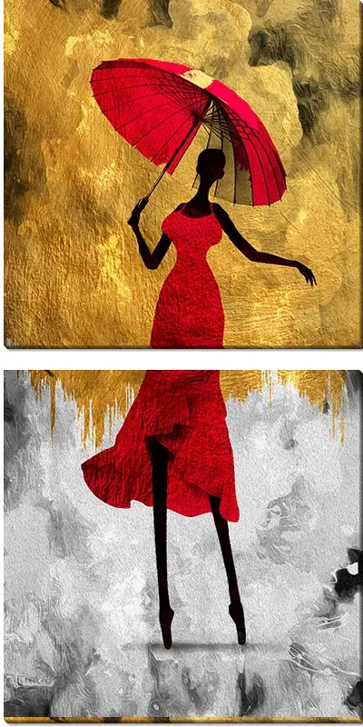 Модульная картина Танцовщица в красном платье и зонтом на золотом фоне