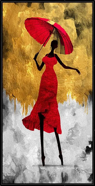 Картина Танцовщица в красном платье и зонтом на золотом фоне