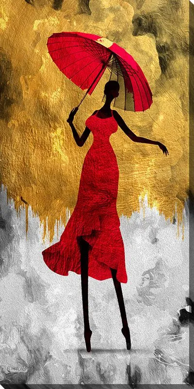 Постер Танцовщица в красном платье и зонтом на золотом фоне