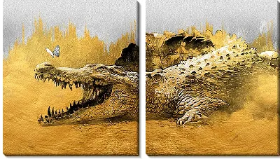 Модульная картина Аллигатор и бабочка на золотом фоне