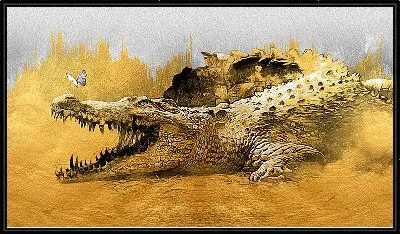 Аллигатор и бабочка на золотом фоне