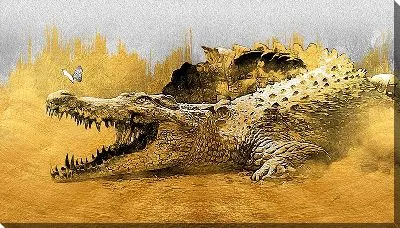 Аллигатор и бабочка на золотом фоне