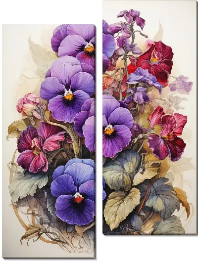 Модульная картина Фиалки в стиле винтаж
