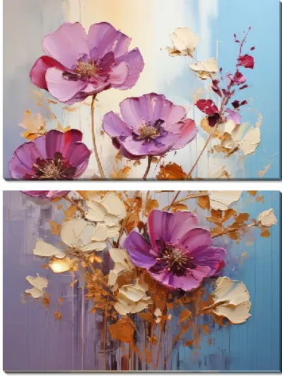 Модульная картина Фиалки и золотой декор №2