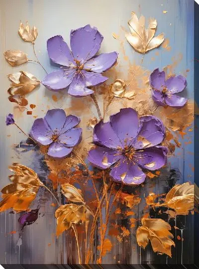 Картина маслом Фиалки и золотой декор №3