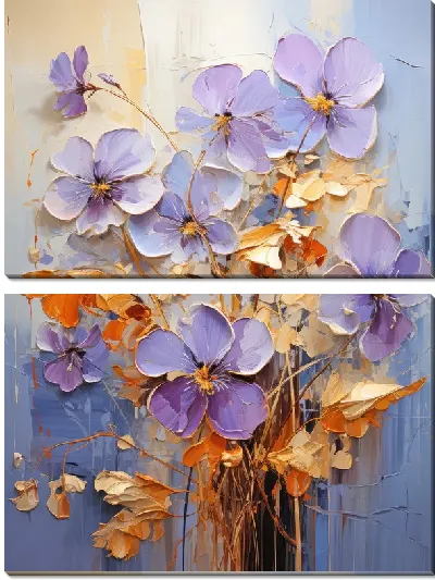 Модульная картина Фиалки и золотой декор №6