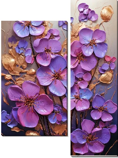 Модульная картина Фиалки и золотой декор №7