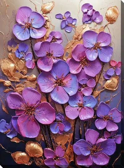 Картина маслом Фиалки и золотой декор №7