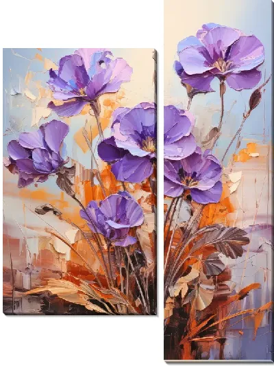 Модульная картина Фиалки и золотой декор №8